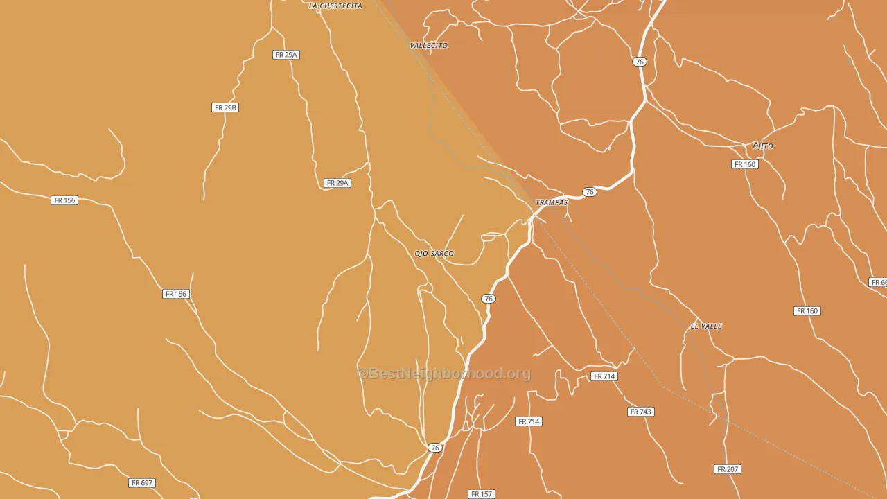 Map of the best neighborhoods in the Ojo Sarco area, with better matches in green and worse matches in red