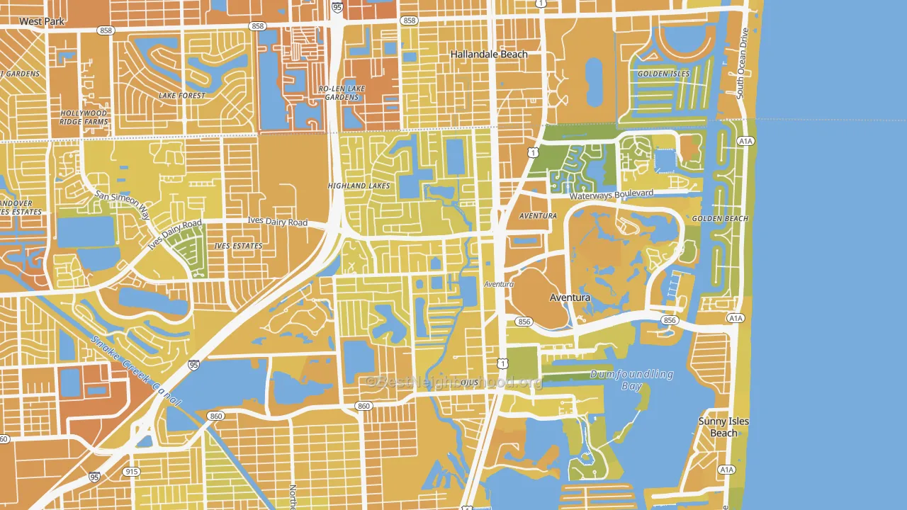 Map of the best neighborhoods in the Ojus area, with better matches in green and worse matches in red