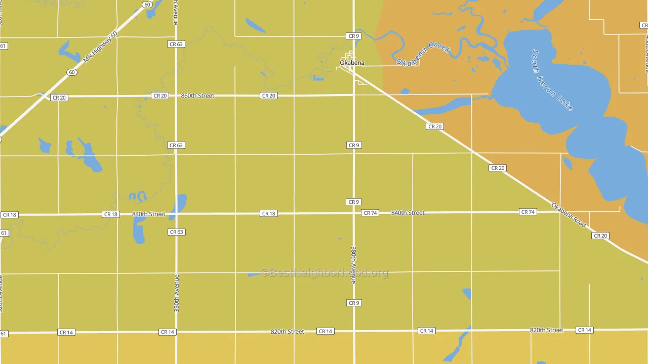 Map of the best neighborhoods in the Okabena area, with better matches in green and worse matches in red