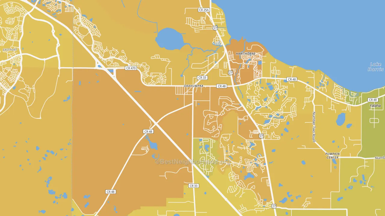 Map of the best neighborhoods in the Okahumpka area, with better matches in green and worse matches in red