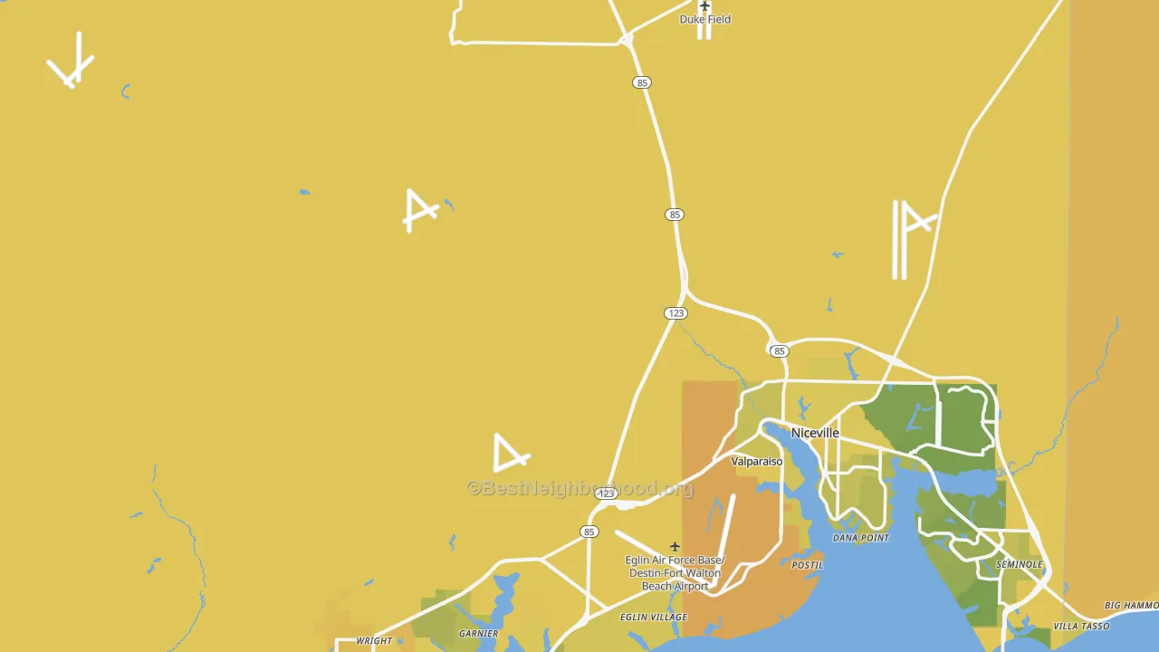 Map of the best neighborhoods in the Okaloosa County area, with better matches in green and worse matches in red