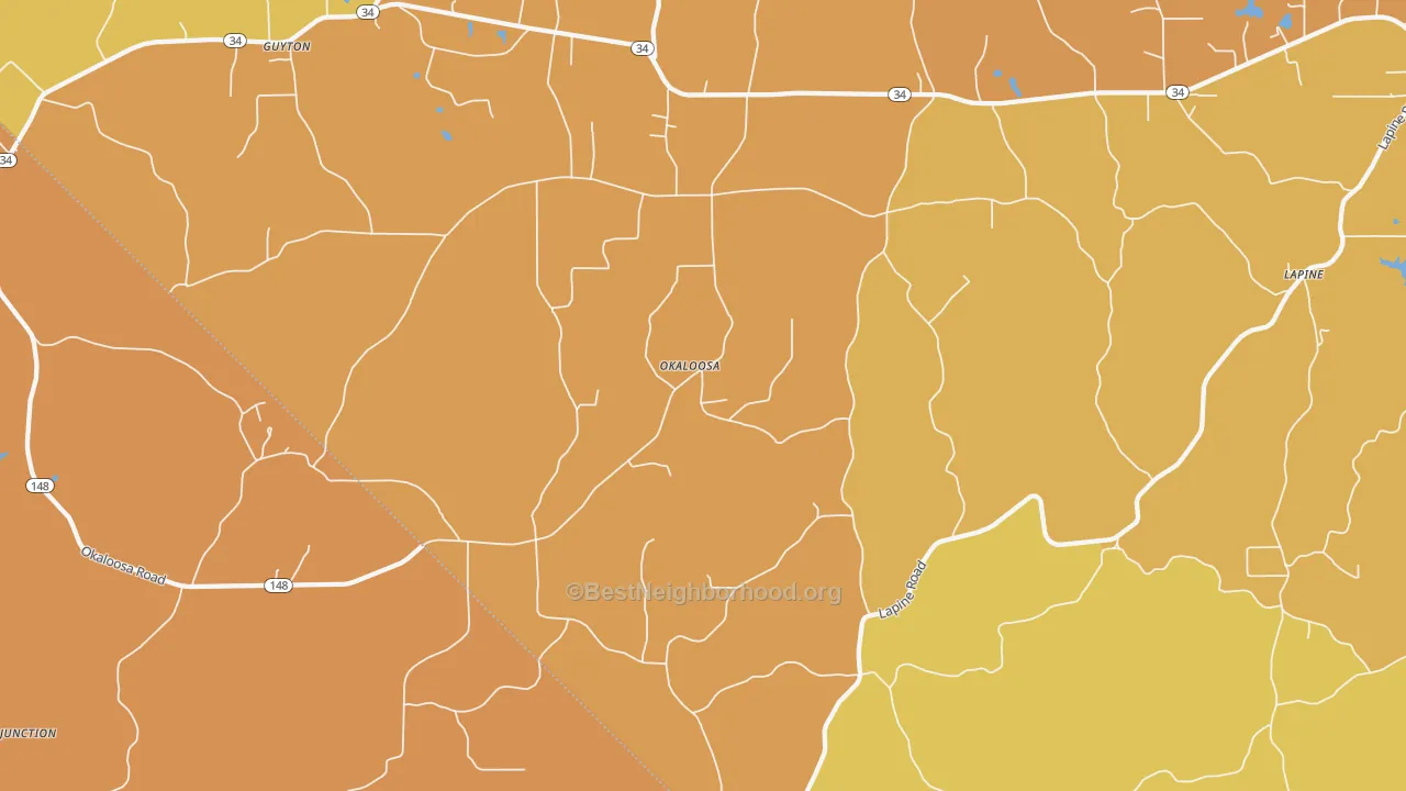 Map of the best neighborhoods in the Okaloosa area, with better matches in green and worse matches in red