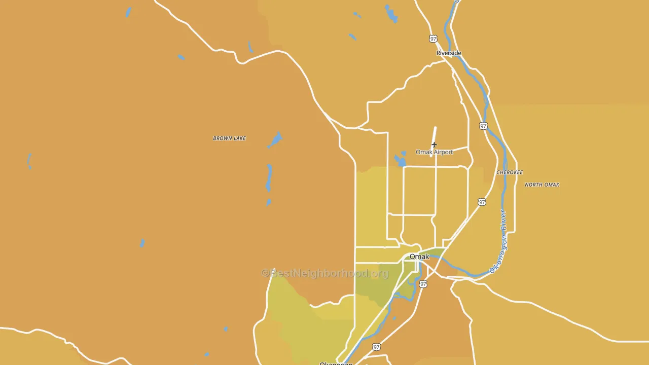 Map of the best neighborhoods in the Okanogan County area, with better matches in green and worse matches in red