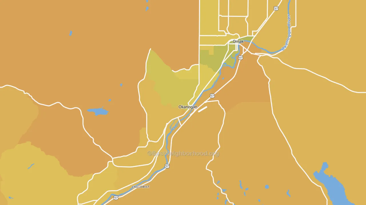 Map of the best neighborhoods in the Okanogan area, with better matches in green and worse matches in red