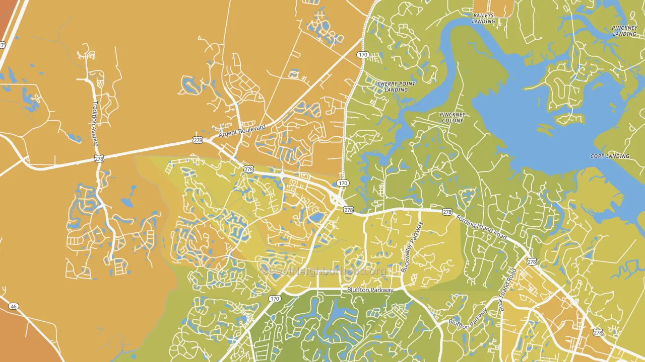 Map of the best neighborhoods in the Okatie area, with better matches in green and worse matches in red