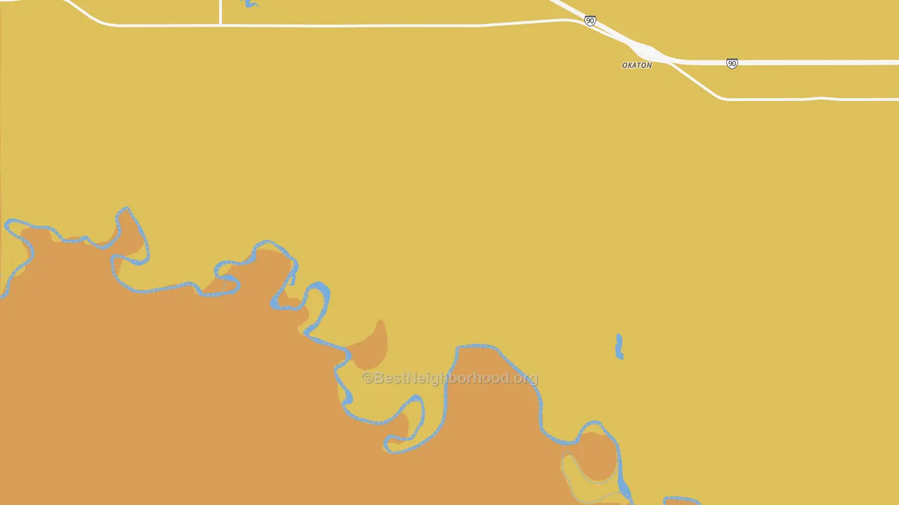 Map of the best neighborhoods in the Okaton area, with better matches in green and worse matches in red
