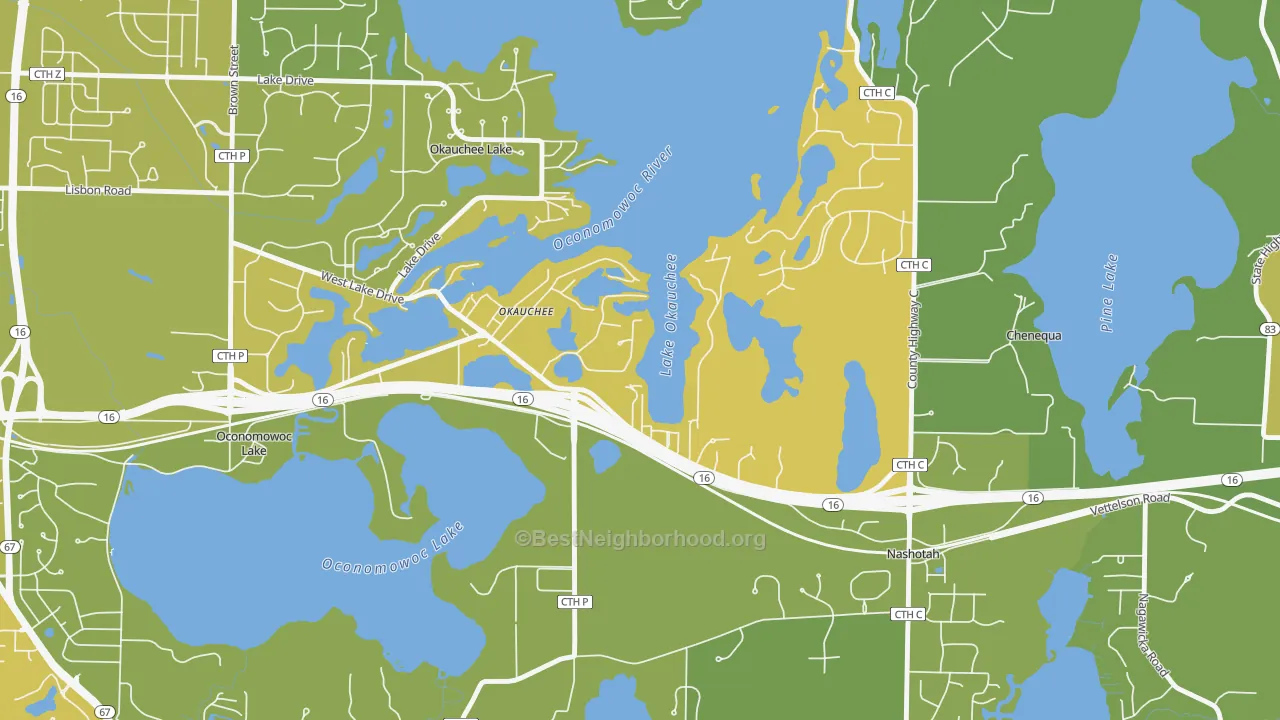 Map of the best neighborhoods in the Okauchee Lake area, with better matches in green and worse matches in red
