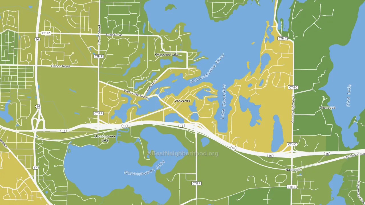 Map of the best neighborhoods in the Okauchee area, with better matches in green and worse matches in red