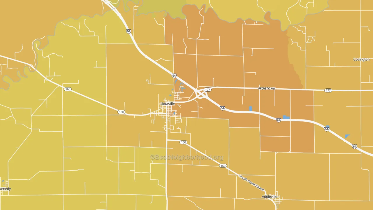 Map of the best neighborhoods in the Okawville area, with better matches in green and worse matches in red