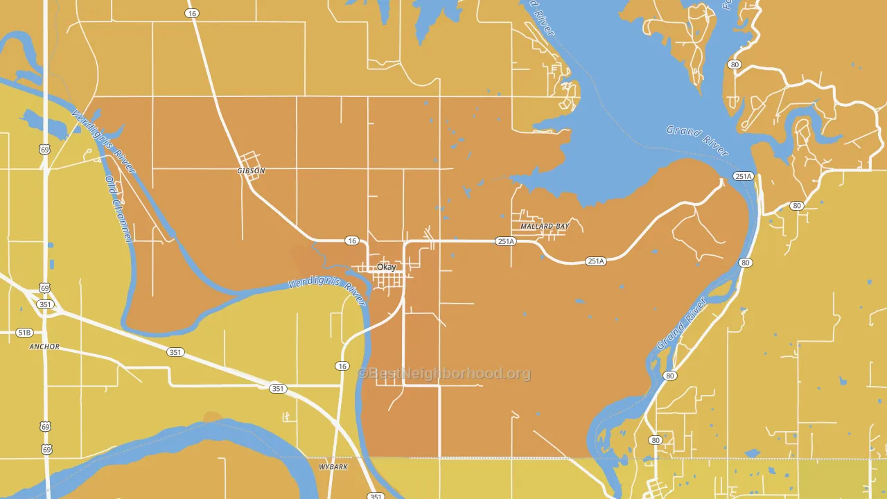 Map of the best neighborhoods in the Okay area, with better matches in green and worse matches in red