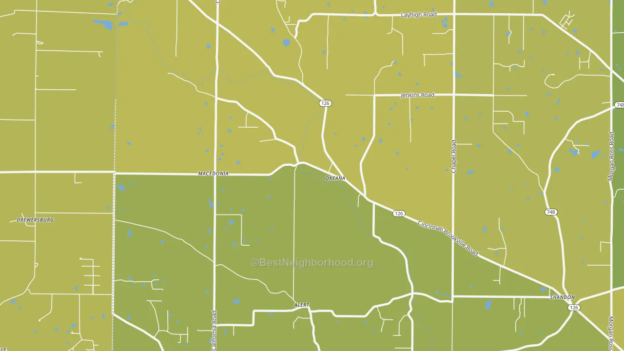 Map of the best neighborhoods in the Okeana area, with better matches in green and worse matches in red