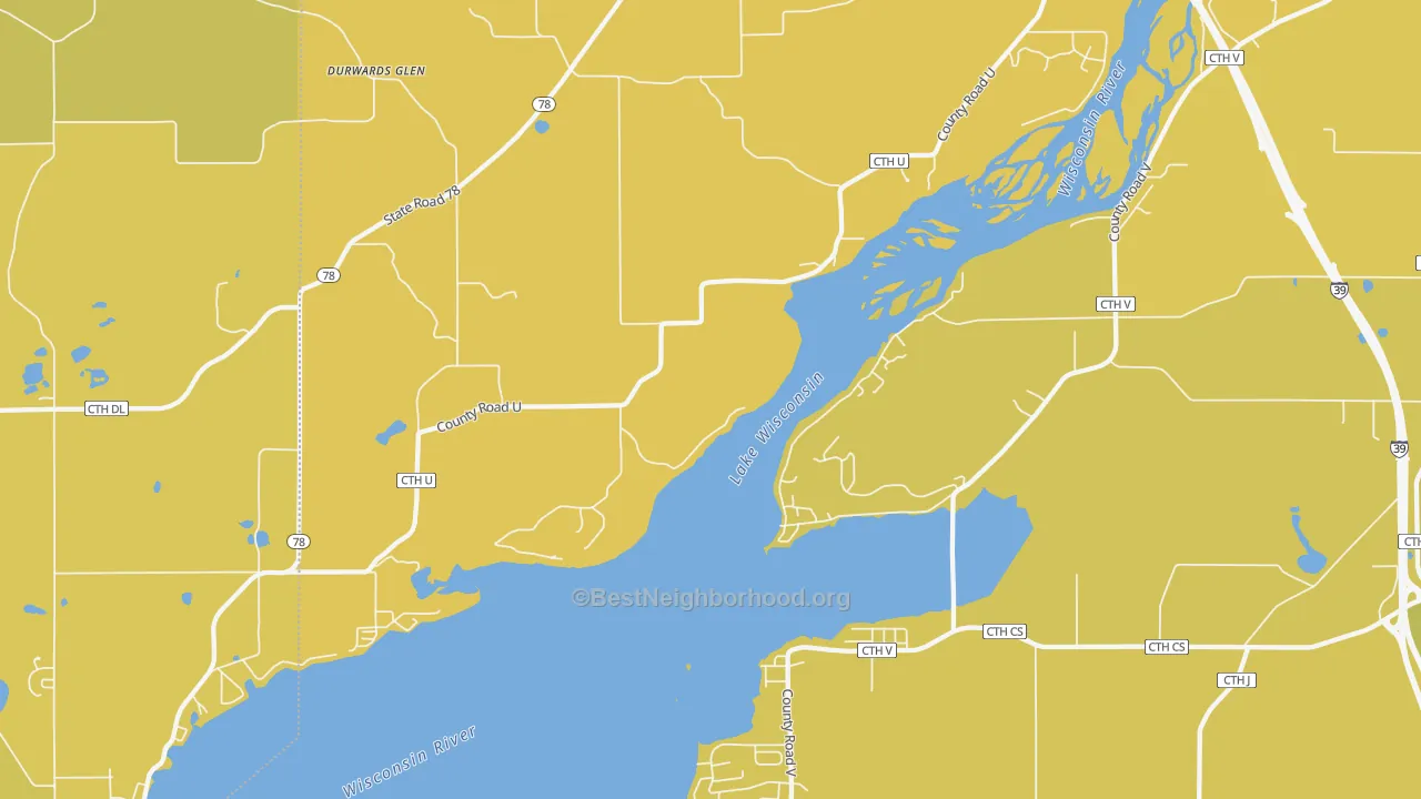 Map of the best neighborhoods in the Okee area, with better matches in green and worse matches in red