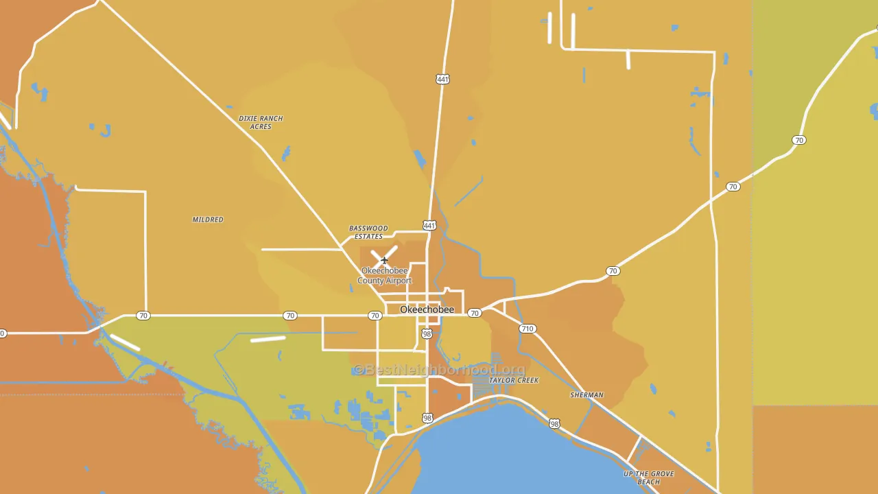 Map of the best neighborhoods in the Okeechobee County area, with better matches in green and worse matches in red