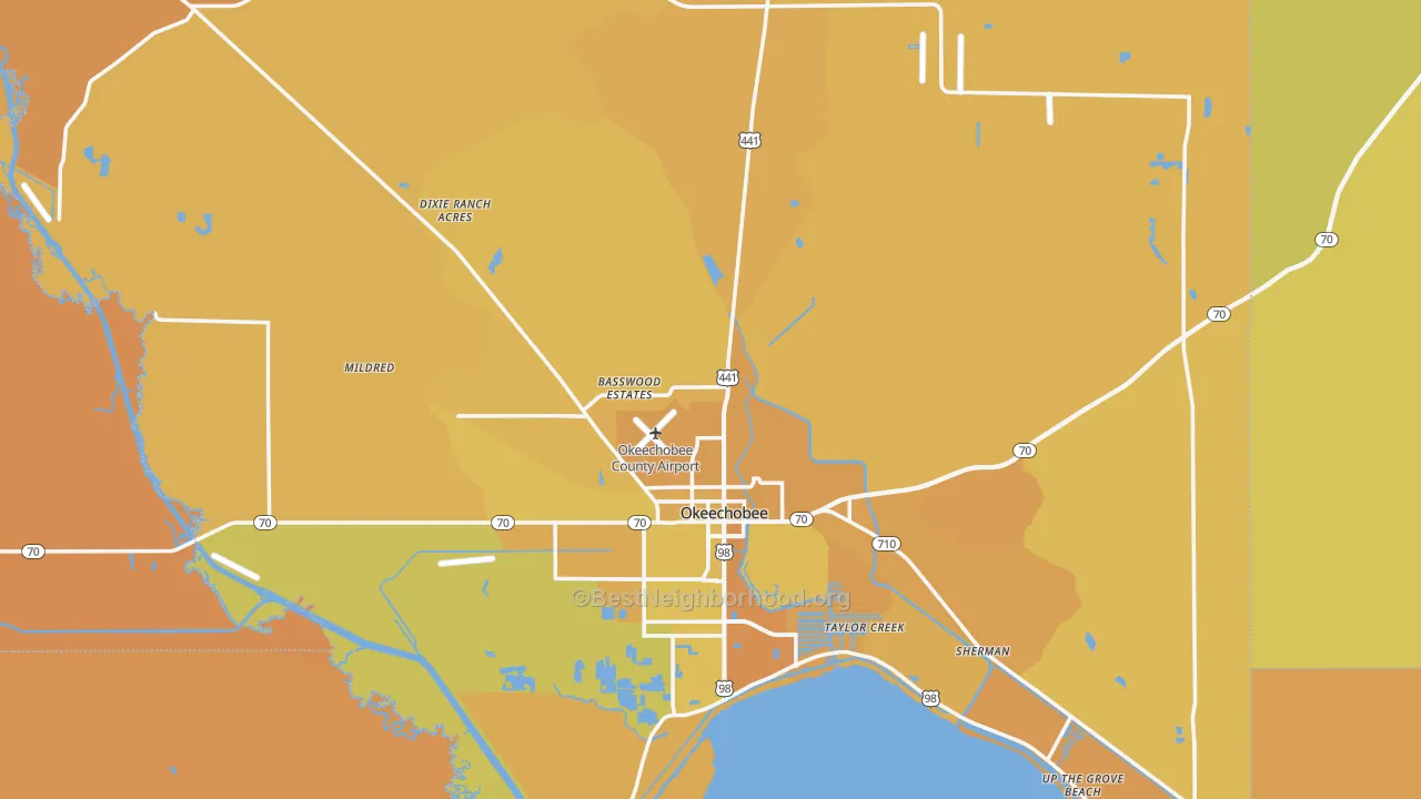 Map of the best neighborhoods in the Okeechobee area, with better matches in green and worse matches in red