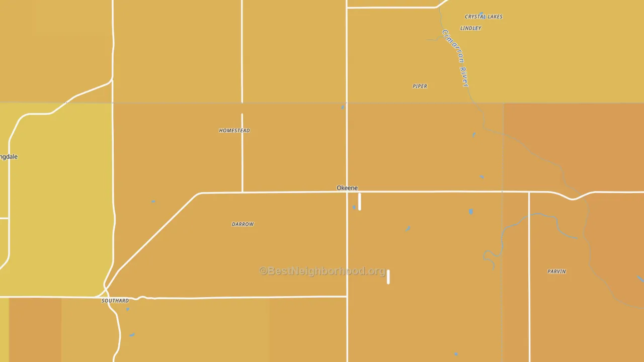 Map of the best neighborhoods in the Okeene area, with better matches in green and worse matches in red