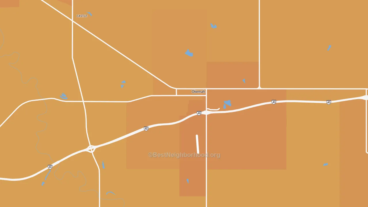 Map of the best neighborhoods in the Okemah area, with better matches in green and worse matches in red