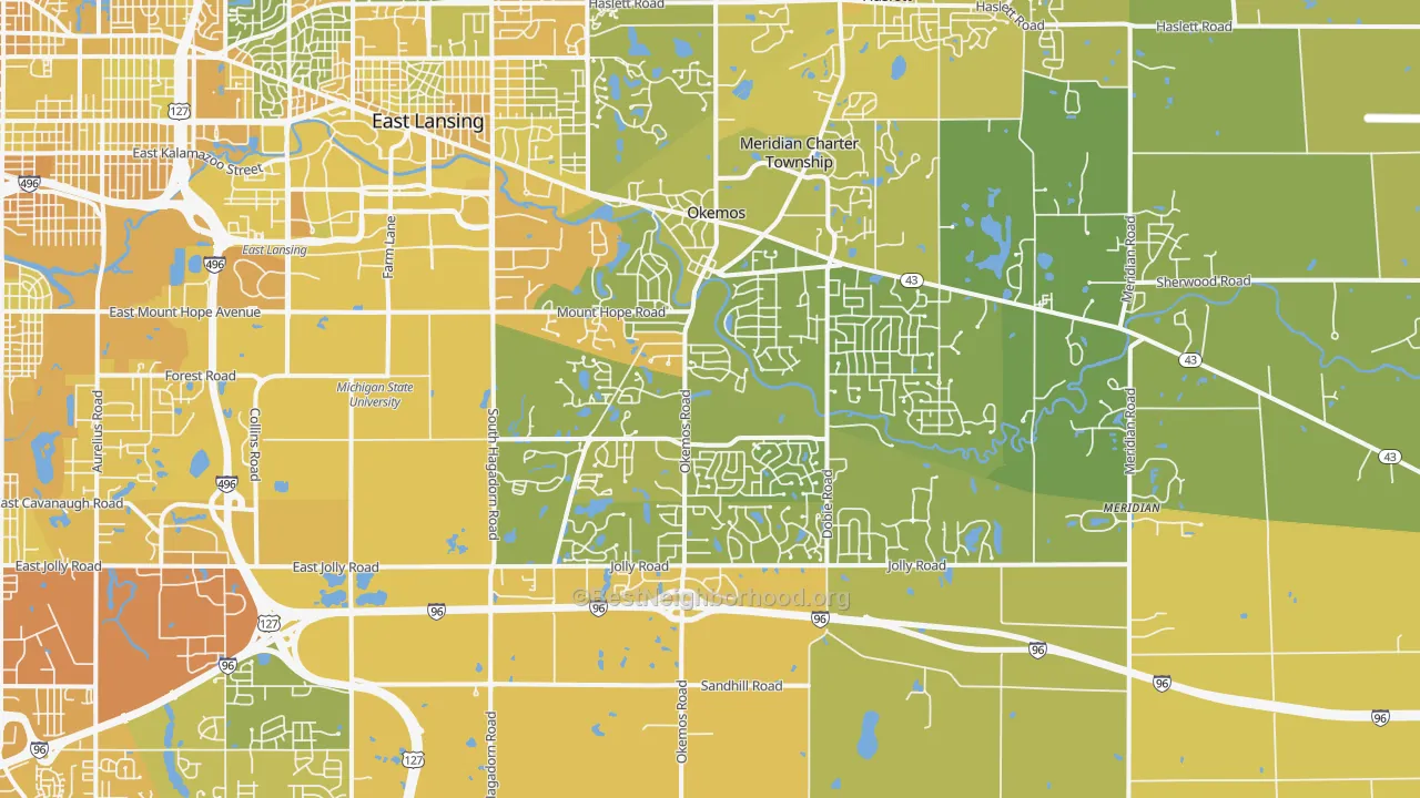 Map of the best neighborhoods in the Okemos area, with better matches in green and worse matches in red