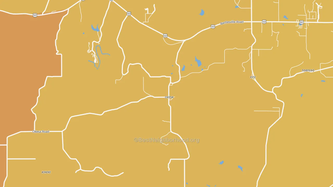 Map of the best neighborhoods in the Okesa area, with better matches in green and worse matches in red