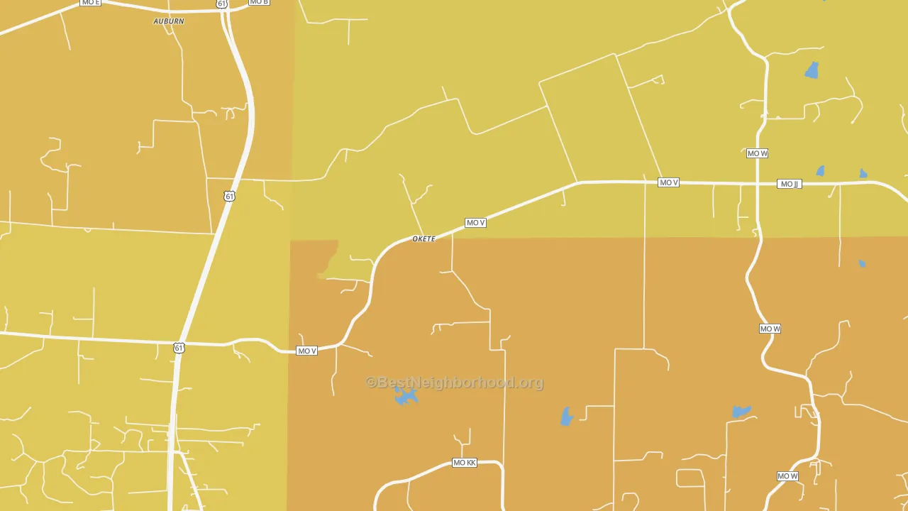 Map of the best neighborhoods in the Okete area, with better matches in green and worse matches in red