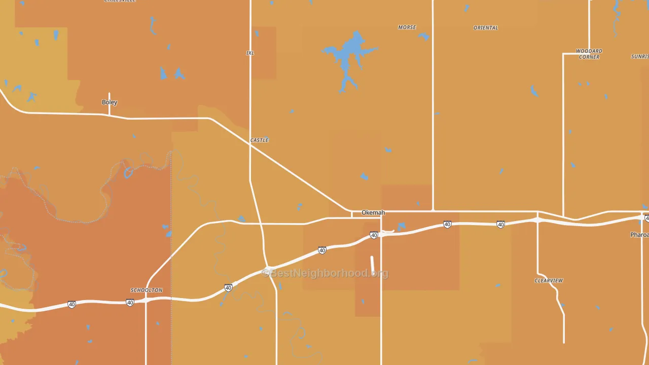 Map of the best neighborhoods in the Okfuskee County area, with better matches in green and worse matches in red