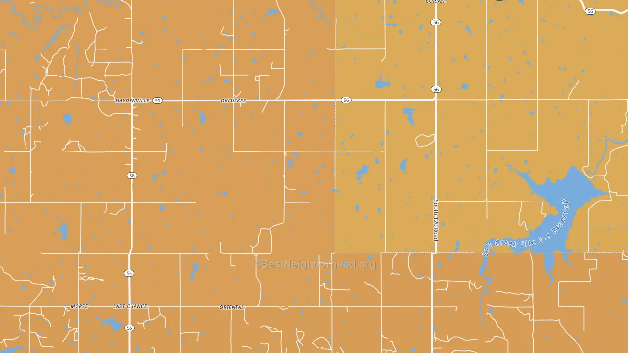 Map of the best neighborhoods in the Okfuskee area, with better matches in green and worse matches in red
