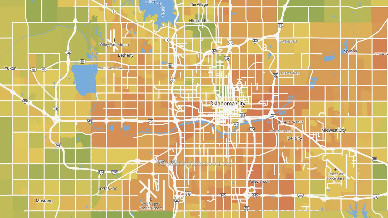 Map of the best neighborhoods in the Oklahoma City Metro area, with better matches in green and worse matches in red