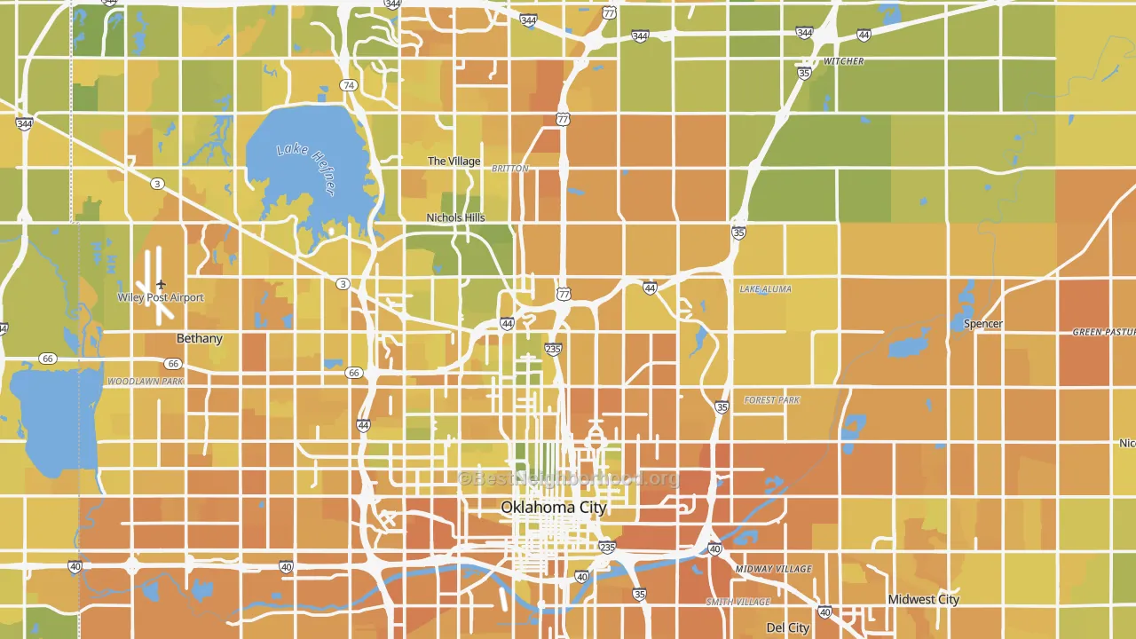 Map of the best neighborhoods in the Oklahoma County area, with better matches in green and worse matches in red