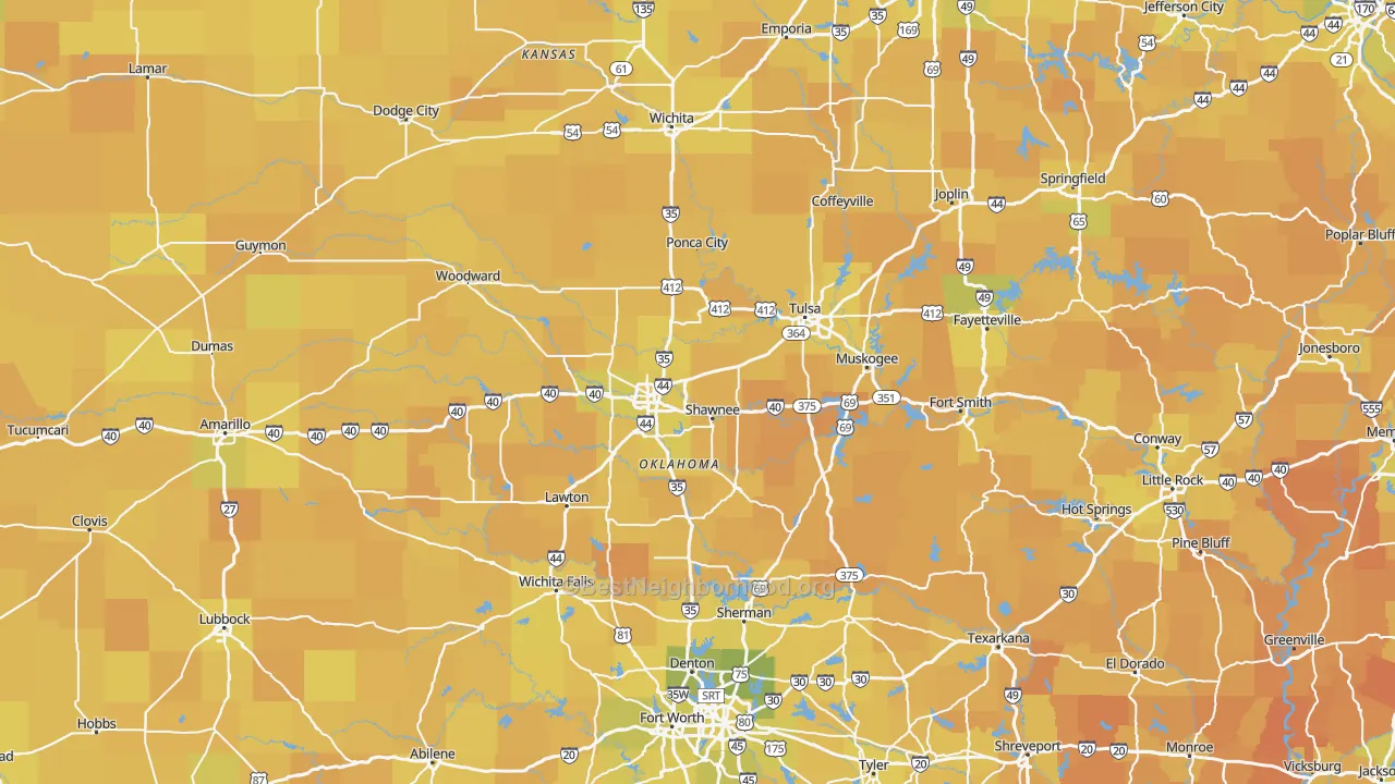 Map of the best neighborhoods in the Oklahoma area, with better matches in green and worse matches in red