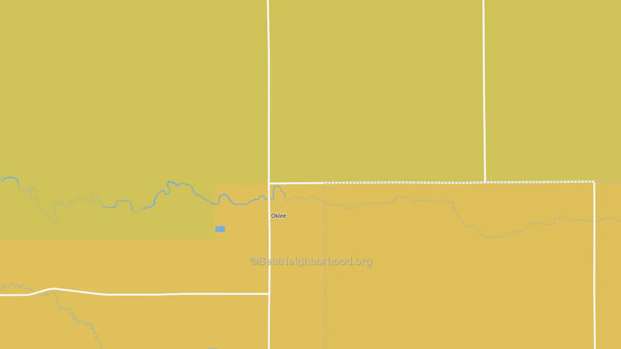 Map of the best neighborhoods in the Oklee area, with better matches in green and worse matches in red