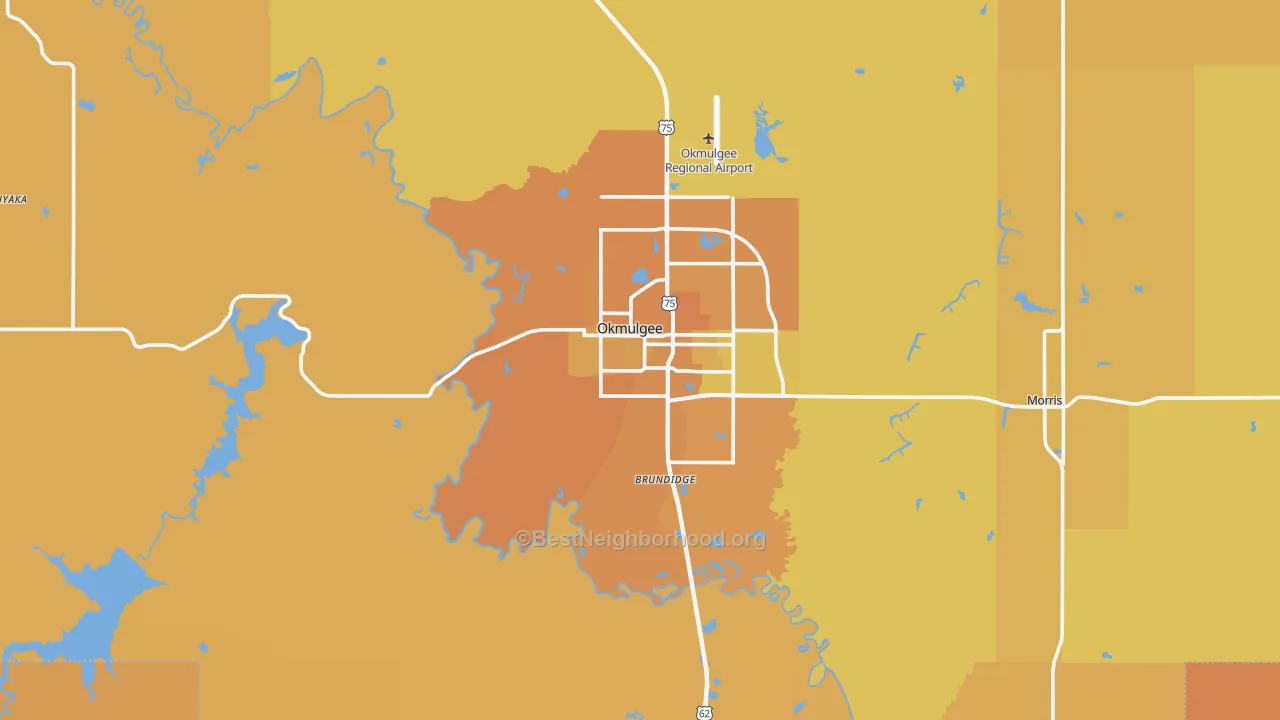 Map of the best neighborhoods in the Okmulgee County area, with better matches in green and worse matches in red