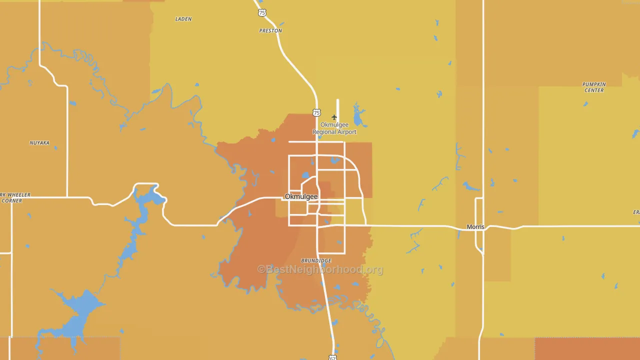 Map of the best neighborhoods in the Okmulgee area, with better matches in green and worse matches in red