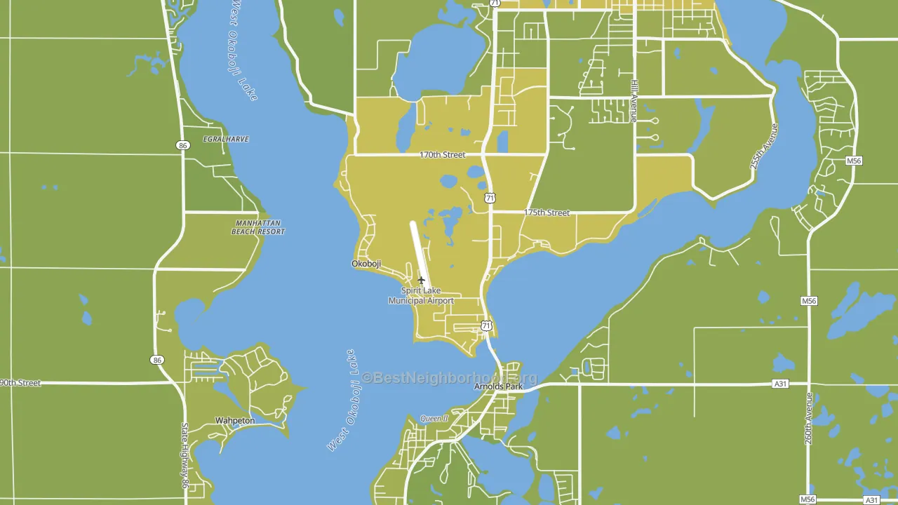 Map of the best neighborhoods in the Okoboji area, with better matches in green and worse matches in red