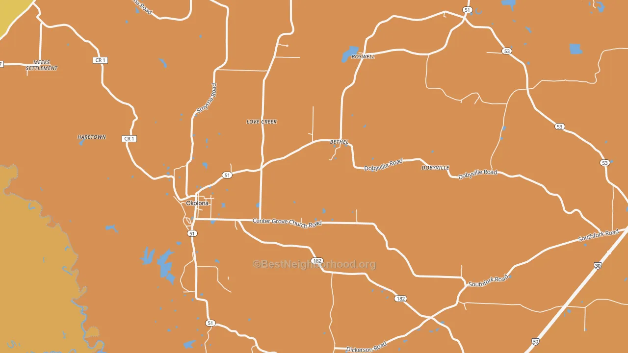 Map of the best neighborhoods in the Okolona area, with better matches in green and worse matches in red