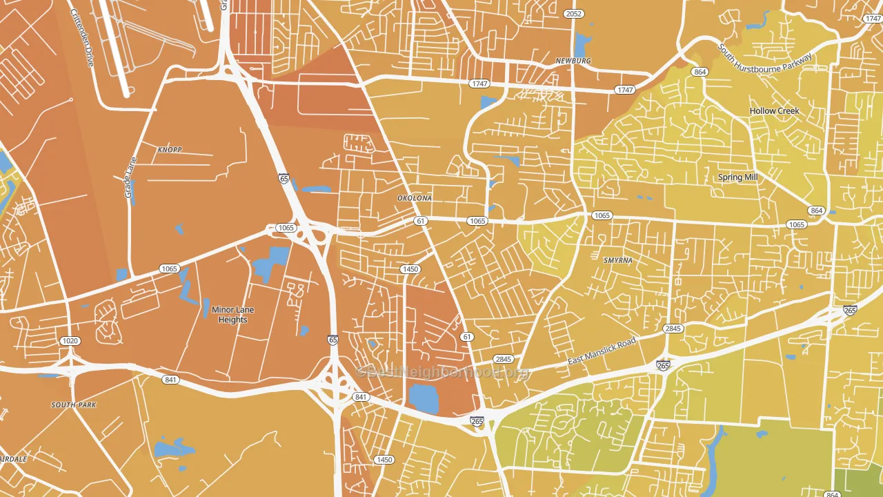 Map of the best neighborhoods in the Okolona, Louisville area, with better matches in green and worse matches in red
