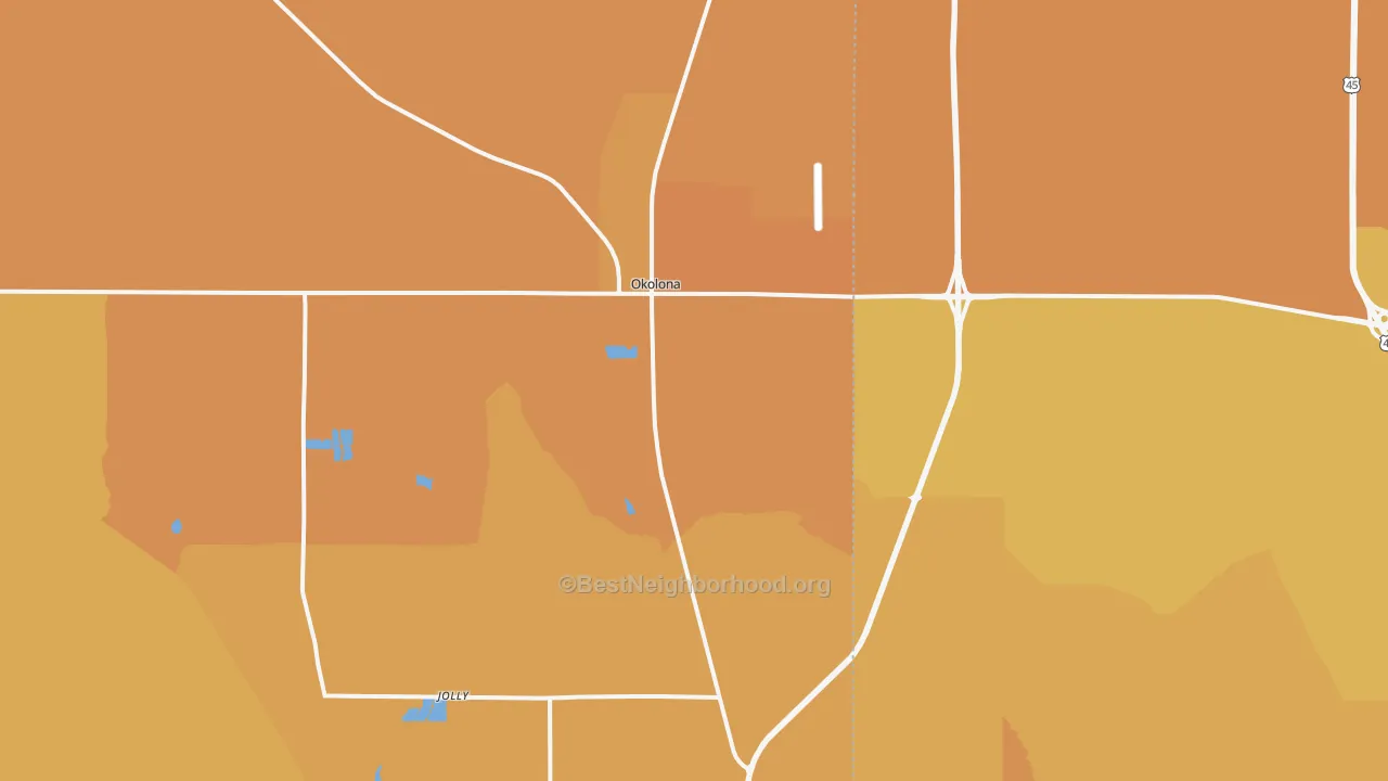 Map of the best neighborhoods in the Okolona area, with better matches in green and worse matches in red