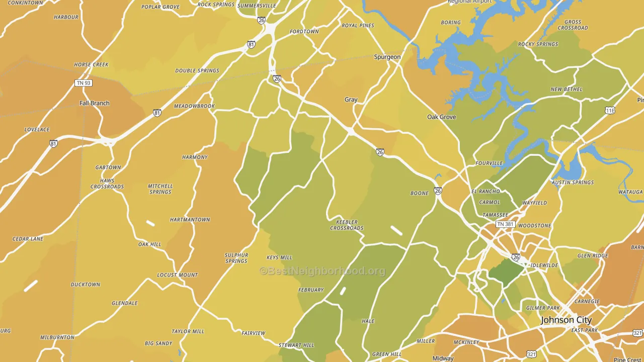 Map of the best neighborhoods in the Okolona area, with better matches in green and worse matches in red