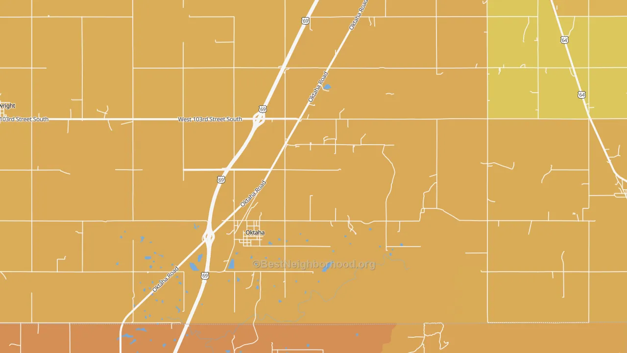 Map of the best neighborhoods in the Oktaha area, with better matches in green and worse matches in red