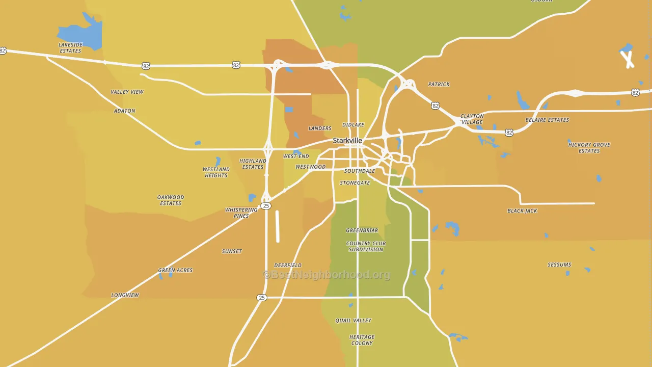 Map of the best neighborhoods in the Oktibbeha County area, with better matches in green and worse matches in red