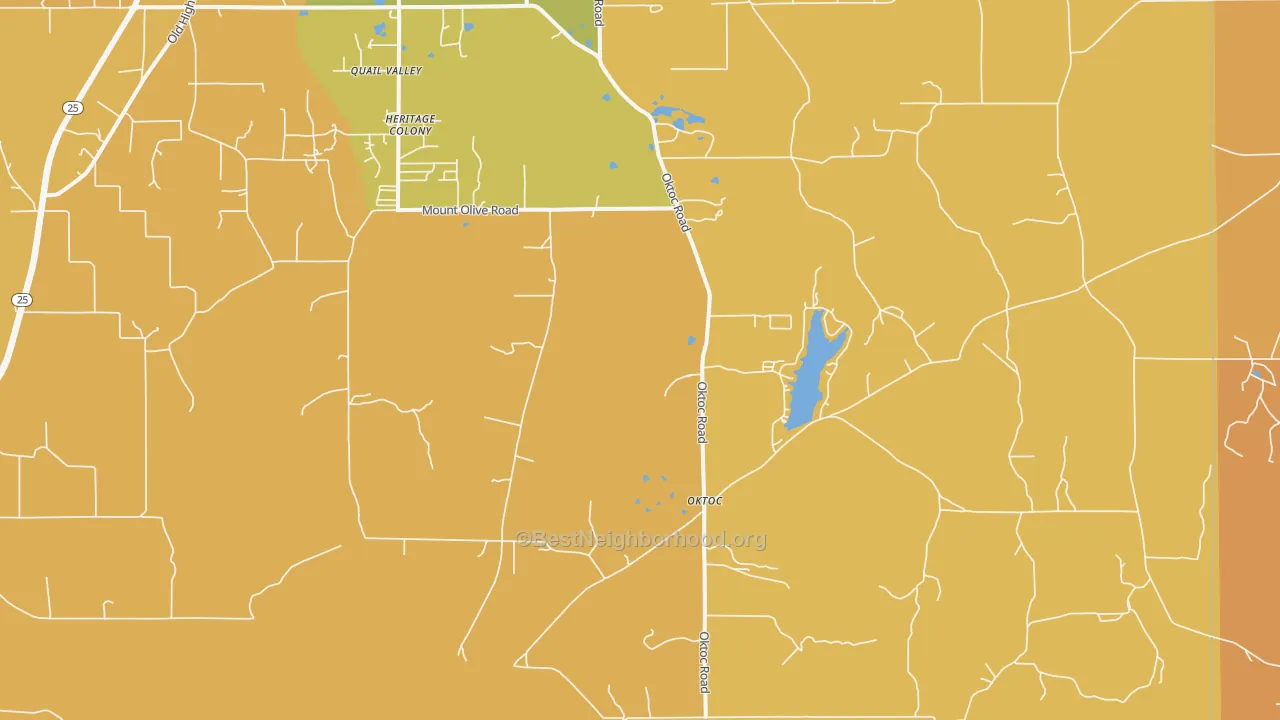Map of the best neighborhoods in the Oktoc area, with better matches in green and worse matches in red