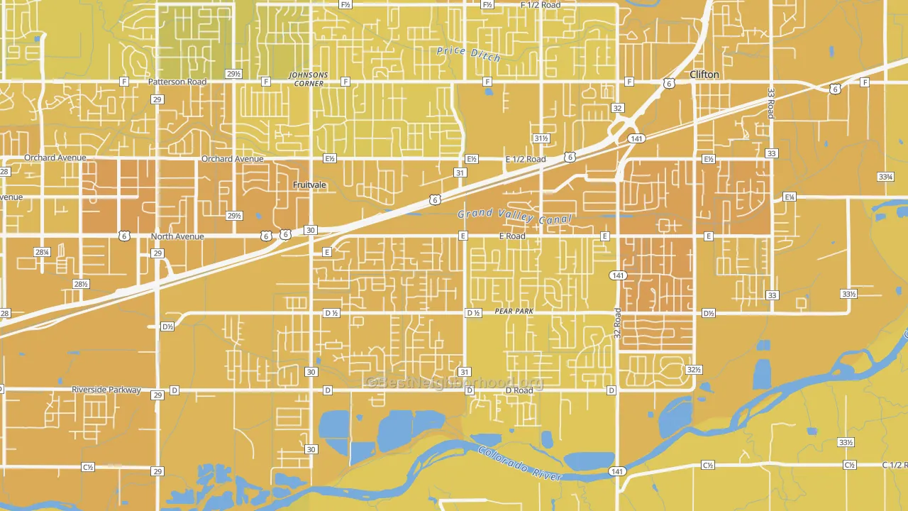 Map of the best neighborhoods in the Ol Sun, Clifton area, with better matches in green and worse matches in red