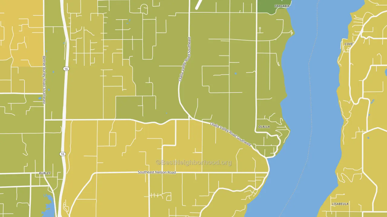 Map of the best neighborhoods in the Olalla area, with better matches in green and worse matches in red