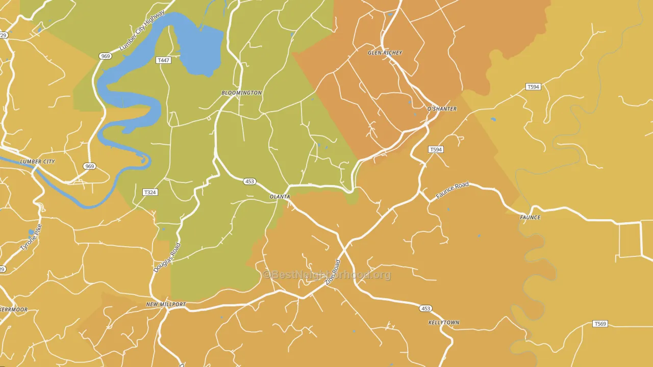 Map of the best neighborhoods in the Olanta area, with better matches in green and worse matches in red