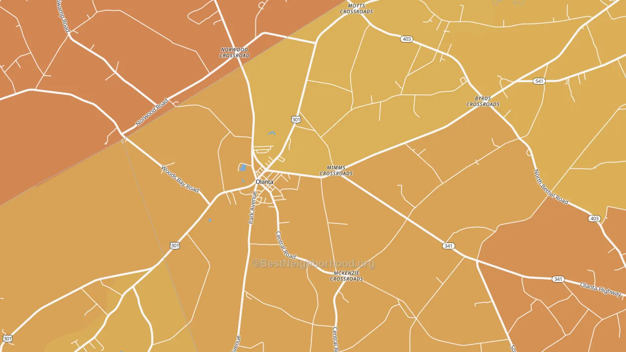 Map of the best neighborhoods in the Olanta area, with better matches in green and worse matches in red