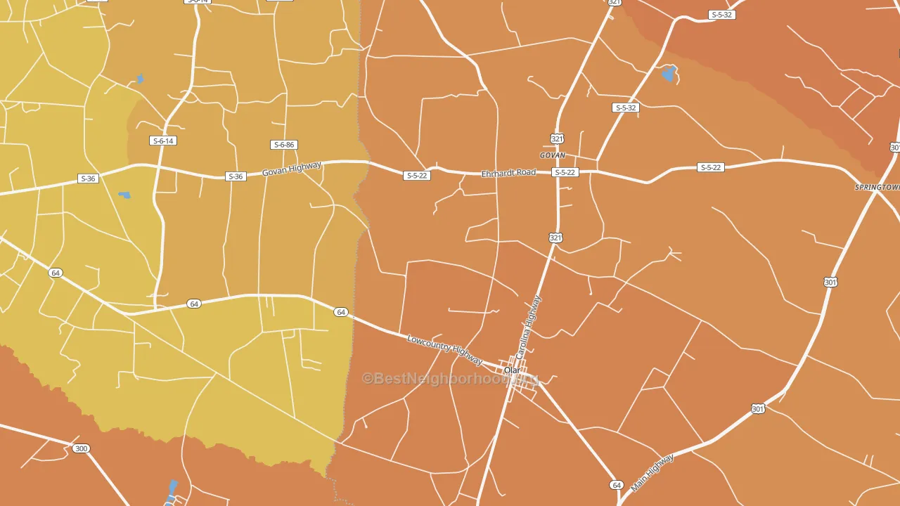 Map of the best neighborhoods in the Olar area, with better matches in green and worse matches in red