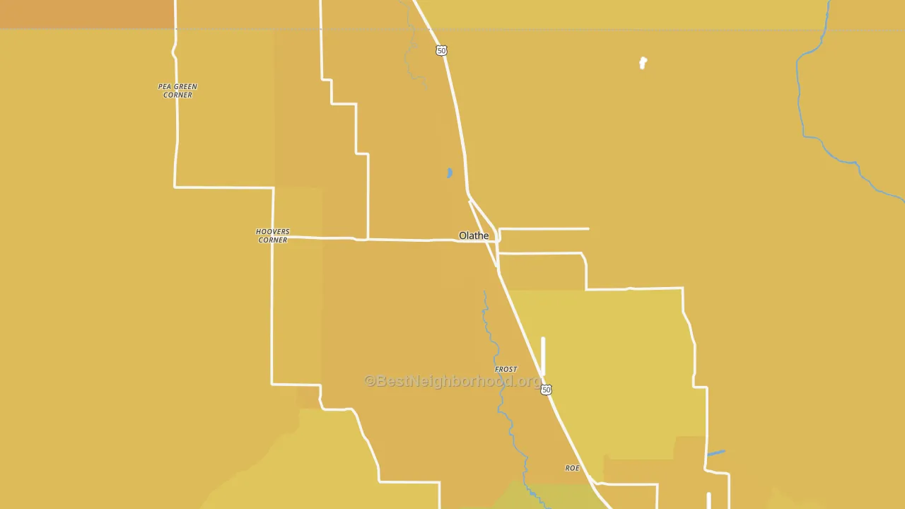 Map of the best neighborhoods in the Olathe area, with better matches in green and worse matches in red