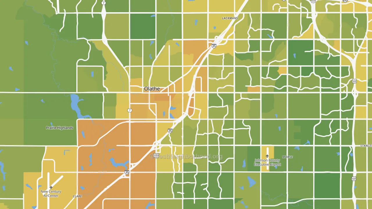 Map of the best neighborhoods in the Olathe area, with better matches in green and worse matches in red