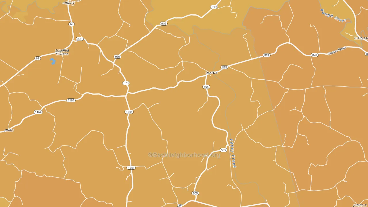 Map of the best neighborhoods in the Olaton area, with better matches in green and worse matches in red