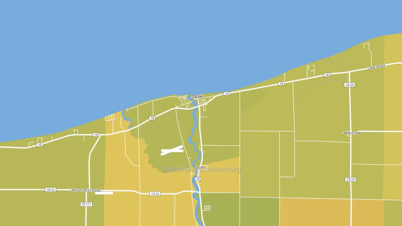 Map of the best neighborhoods in the Olcott area, with better matches in green and worse matches in red
