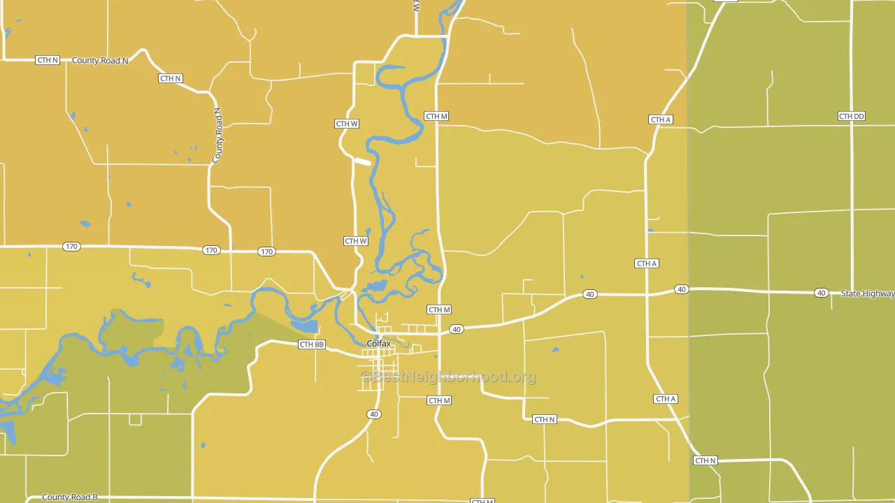 Map of the best neighborhoods in the Old Albertville area, with better matches in green and worse matches in red