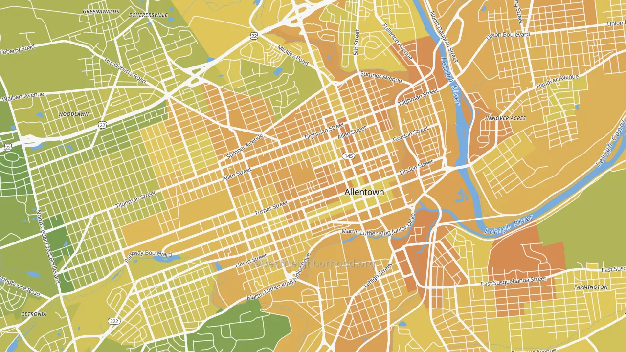 Map of the best neighborhoods in the Old Allentown, Allentown area, with better matches in green and worse matches in red